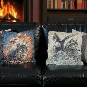 VTG‎ Y2K Harley Davidson Throw Pillows Needlepoint Wolf Bald Eagle 16" Set Of 2